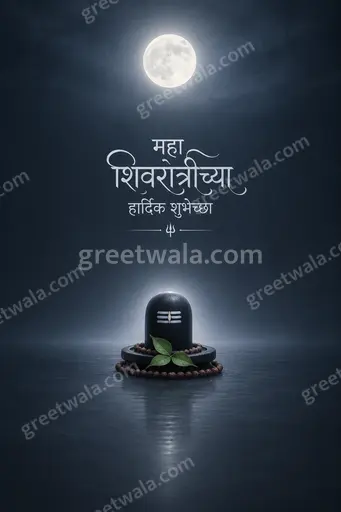 Elegant minimal Maha Shivratri card featuring Marathi greeting in gold, serene blue tones, trishul, and peaceful devotional mood.