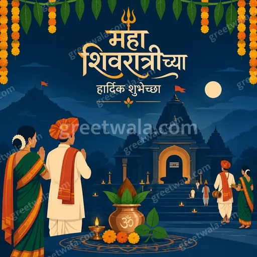 Serene modern flat vector Maha Shivratri card displaying महा शिवरात्रीच्या हार्दिक शुभेच्छा with divine blue tones and sacred symbols.