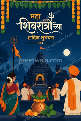 Modern flat vector card with serene blue tones, glowing Shivling, crescent moon, and Marathi Maha Shivratri wishes.