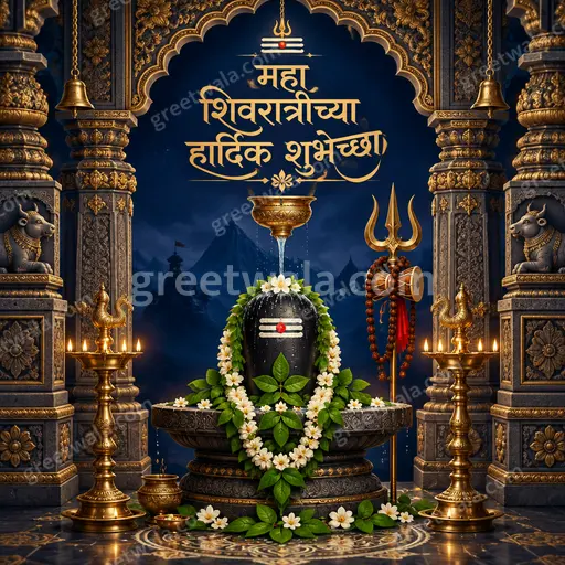 Ornate traditional Maha Shivratri greeting card in Marathi with divine glow, sacred motifs and serene devotional mood.