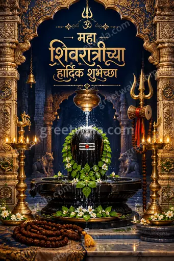 Ornate traditional Maha Shivratri card with divine glow, sacred motifs, and Marathi greeting महा शिवरात्रीच्या हार्दिक शुभेच्छा.