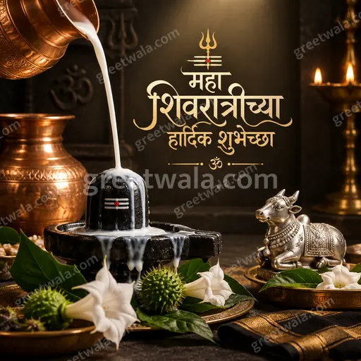 Premium divine Maha Shivratri card radiating serene cosmic energy with 'महा शिवरात्रीच्या हार्दिक शुभेच्छा' in elegant gold.