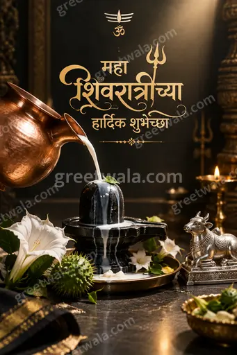 Premium Maha Shivratri showcase card in Marathi displaying 'महा शिवरात्रीच्या हार्दिक शुभेच्छा' with divine serene Shiva-inspired elegant festive artwork.