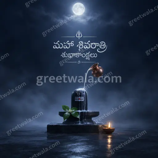 Elegant minimal Telugu Maha Shivratri card with serene night tones, subtle trishul motif, and glowing 'మహా శివరాత్రి శుభాకాంక్షలు' text.