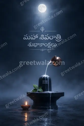 Elegant minimal Maha Shivratri card in Telugu displaying 'మహా శివరాత్రి శుభాకాంక్షలు' with serene moonlit temple and tranquil devotional mood.