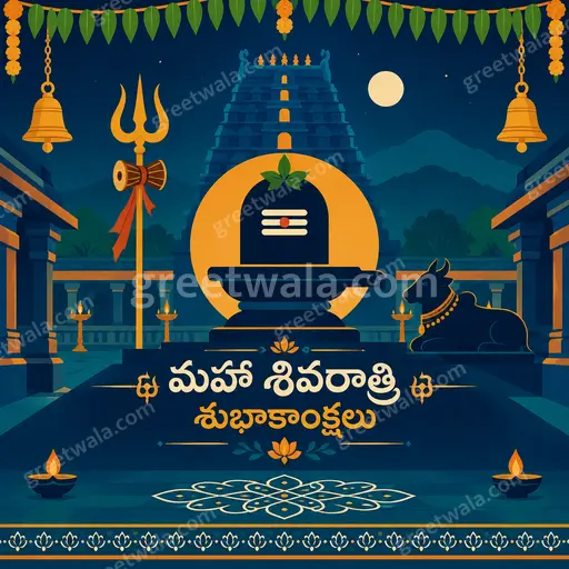 Modern flat vector Maha Shivratri card in Telugu displaying 'మహా శివరాత్రి శుభాకాంక్షలు' with serene divine night glow.