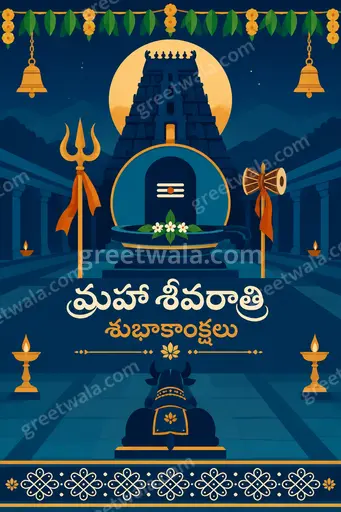 Modern flat vector card in serene blue tones with glowing Shivling displaying మహా శివరాత్రి శుభాకాంక్షలు elegantly.