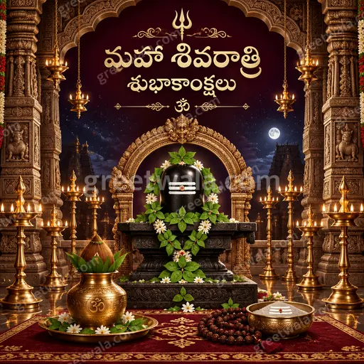 Ornate traditional Maha Shivratri card radiating divine serenity with golden Shiva motifs and Telugu greeting మహా శివరాత్రి శుభాకాంక్షలు.