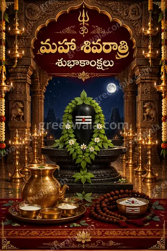Ornate traditional Maha Shivratri card glowing with divine gold tones, sacred serenity, and elegant Telugu festive blessings.