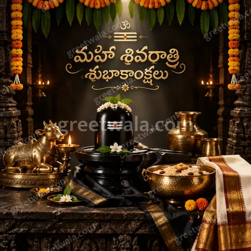 Premium Telugu Maha Shivratri card radiating divine serenity with majestic Shiva imagery, sacred night tones, and elegant festive glow.