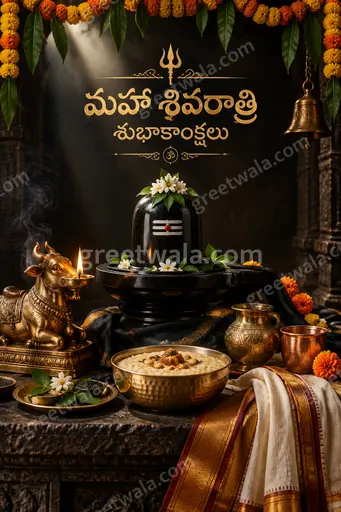Divine premium showcase card displaying “మహా శివరాత్రి శుభాకాంక్షలు” with tranquil cosmic Shiva aura and golden elegance.