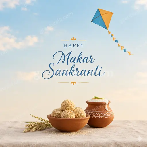 Elegant minimal Makar Sankranti card with soft sunrise hues, flying kites, and Happy Makar Sankranti in refined lettering.