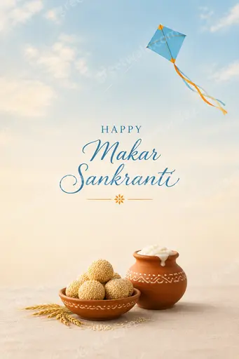 Elegant minimal Makar Sankranti card with soft sunrise hues, flying kites, and Happy Makar Sankranti in refined lettering.