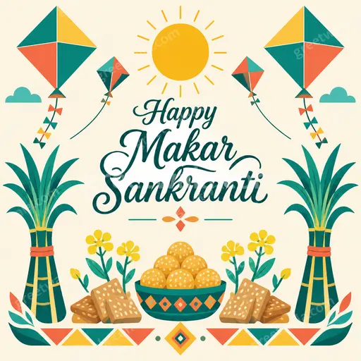 Cheerful flat vector card with colorful kites, sun, and Happy Makar Sankranti text in modern festive style.
