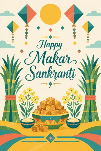 Cheerful modern flat vector card with colorful kites soaring in bright sky celebrating Happy Makar Sankranti joyfully.