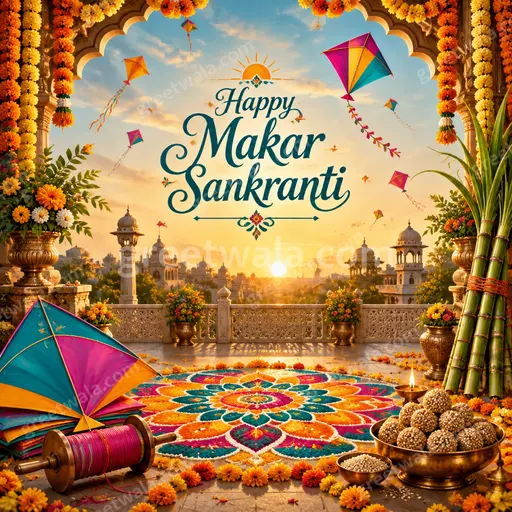 Ornate traditional card wishing Happy Makar Sankranti with vibrant kites, warm festive colors, and elegant joyful celebratory mood.