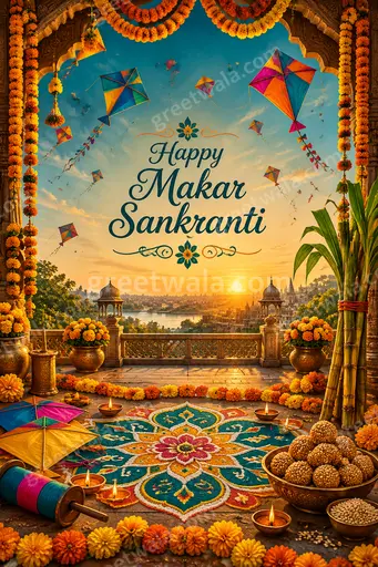 Ornate traditional card with colorful kites, warm sunrise hues and festive Happy Makar Sankranti golden lettering.