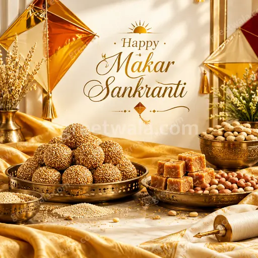 Premium showcase card reading Happy Makar Sankranti with colorful kites in radiant sky, joyful elegant festive mood.