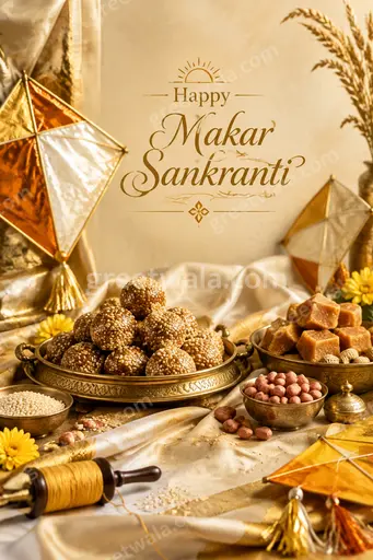 Premium Makar Sankranti card displaying "Happy Makar Sankranti" with vibrant kites soaring in golden festive sky.