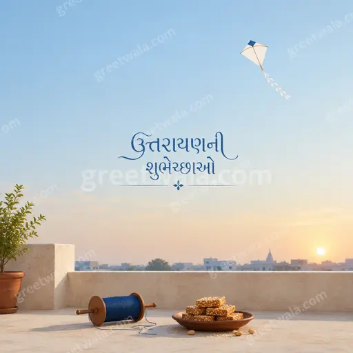 Elegant minimal Makar Sankranti card in soft pastel sky with soaring kites displaying Gujarati greeting ઉત્તરાયણની શુભેચ્છાઓ joyfully.