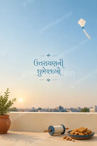 Elegant minimal Makar Sankranti card displaying ઉત્તરાયણની શુભેચ્છાઓ with soft kites, warm sunrise hues and serene festive calm.
