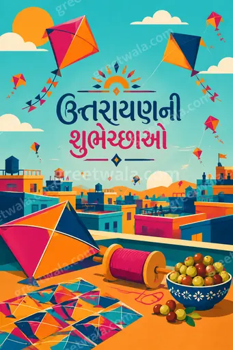 Cheerful modern flat vector Makar Sankranti card with soaring colorful kites displaying ઉત્તરાયણની શુભેચ્છાઓ in festive Gujarati typography.