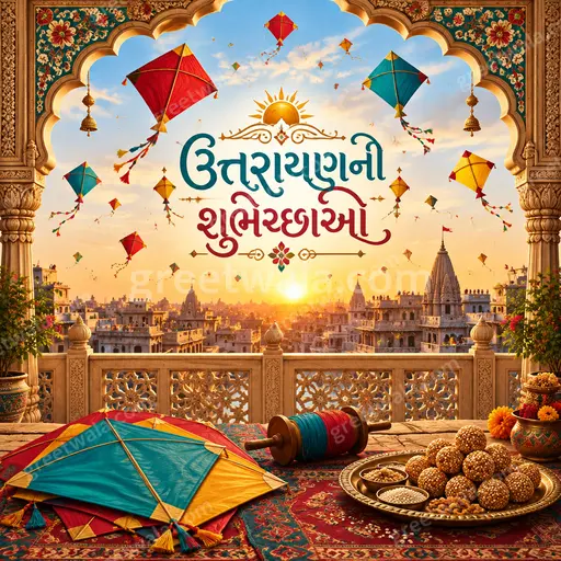 Ornate traditional Makar Sankranti card displaying ઉત્તરાયણની શુભેચ્છાઓ with vibrant kites, warm festive joyful atmosphere.