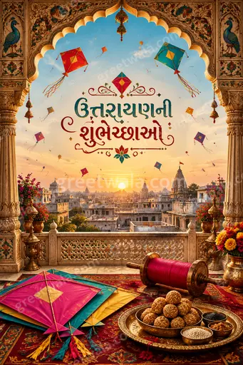 Ornate traditional Makar Sankranti card in warm festive tones displaying Uttarayan greetings with kites, sun, and elegant Gujarati motifs.