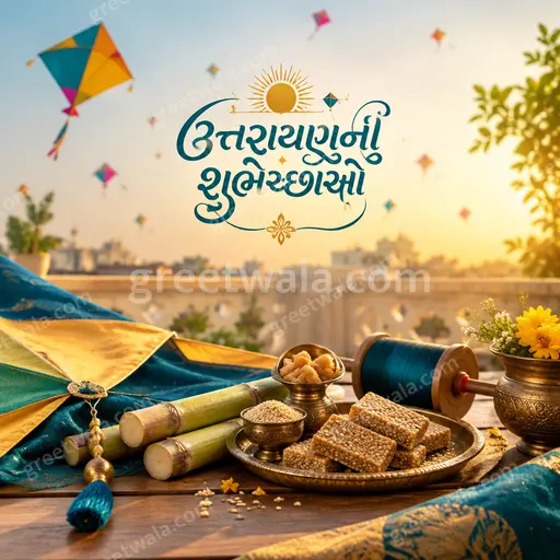Premium Makar Sankranti card displaying 'ઉત્તરાયણની શુભેચ્છાઓ' with vibrant kites soaring in a joyful golden sky.