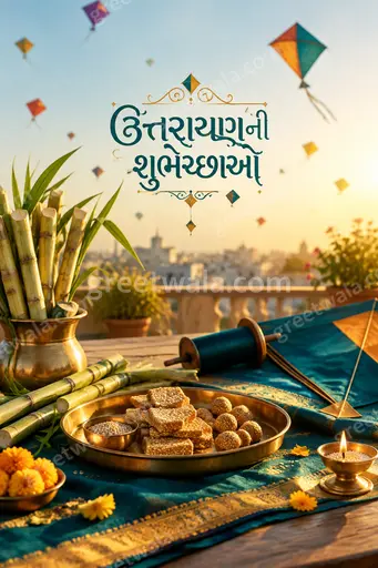 Festive premium Uttarayan card displaying ઉત્તરાયણની શુભેચ્છાઓ with colorful kites soaring in a bright joyful sky.
