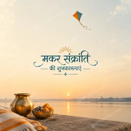 An elegant minimal Makar Sankranti card with serene sky, colorful kites, and Hindi greeting मकर संक्रांति की शुभकामनाएं.