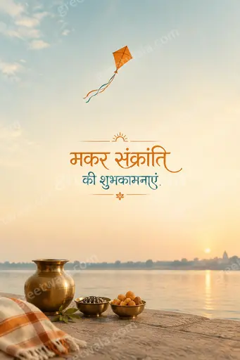 Elegant minimal Makar Sankranti card in soft sunrise hues with kites, featuring Hindi greeting मकर संक्रांति की शुभकामनाएं gracefully.