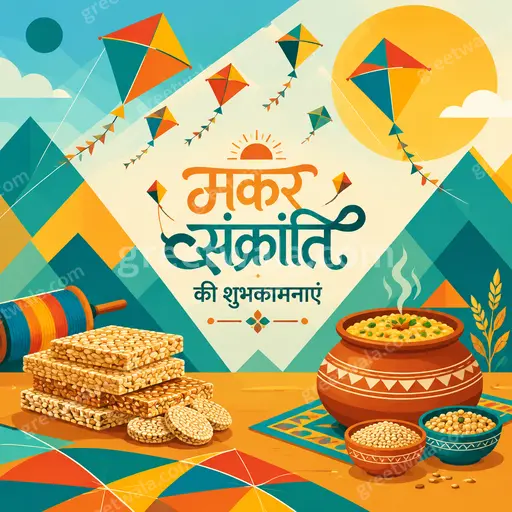 Cheerful flat vector card with colorful kites soaring in bright sky displaying मकर संक्रांति की शुभकामनाएं in festive Hindi typography.