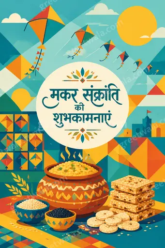 Cheerful modern flat vector card with colorful kites soaring in bright sky displaying मकर संक्रांति की शुभकामनाएं joyfully.