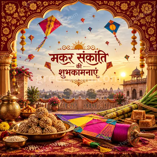 Ornate traditional Hindi Makar Sankranti greeting card with colorful kites, warm sunrise glow and joyful festive spirit.