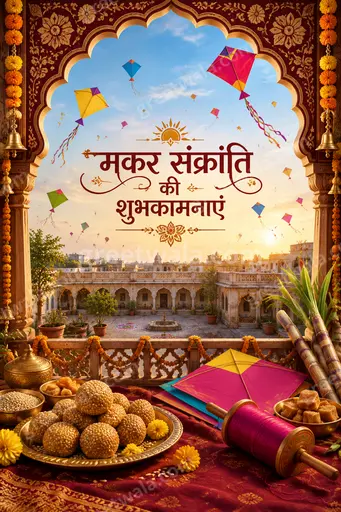 Ornate traditional card with colorful kites and sunrise glow displaying 'मकर संक्रांति की शुभकामनाएं' joyfully.