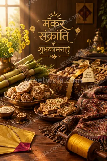 Premium Makar Sankranti card displays मकर संक्रांति की शुभकामनाएं with vibrant kites soaring in golden festive sky.