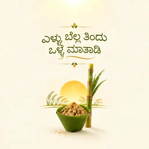Elegant minimal Makar Sankranti card displaying Kannada greeting in warm gold tones with serene festive charm.