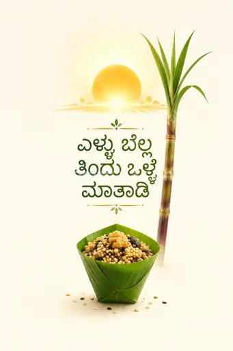 Elegant minimal Makar Sankranti card displaying 'ಎಳ್ಳು ಬೆಲ್ಲ ತಿಂದು ಒಳ್ಳೆ ಮಾತಾಡಿ' with warm serene festive charm.