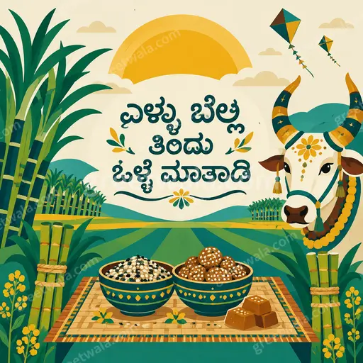 Cheerful modern flat vector Makar Sankranti card displaying ಎಳ್ಳು ಬೆಲ್ಲ ತಿಂದು ಒಳ್ಳೆ ಮಾತಾಡಿ with kites and sunshine.