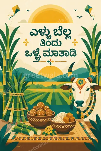 Cheerful flat vector Makar Sankranti card in Kannada displaying 'ಎಳ್ಳು ಬೆಲ್ಲ ತಿಂದು ಒಳ್ಳೆ ಮಾತಾಡಿ' with festive harvest motifs.