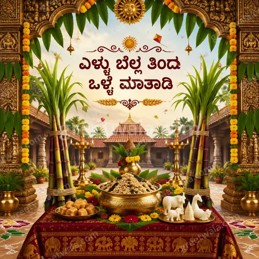 Ornate traditional Makar Sankranti card with festive kites and harvest motifs displaying 'ಎಳ್ಳು ಬೆಲ್ಲ ತಿಂದು ಒಳ್ಳೆ ಮಾತಾಡಿ' in elegant gold.