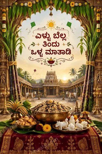 Ornate traditional Makar Sankranti card in warm golden tones featuring Kannada text ಎಳ್ಳು ಬೆಲ್ಲ ತಿಂದು ಒಳ್ಳೆ ಮಾತाडಿ with kites.