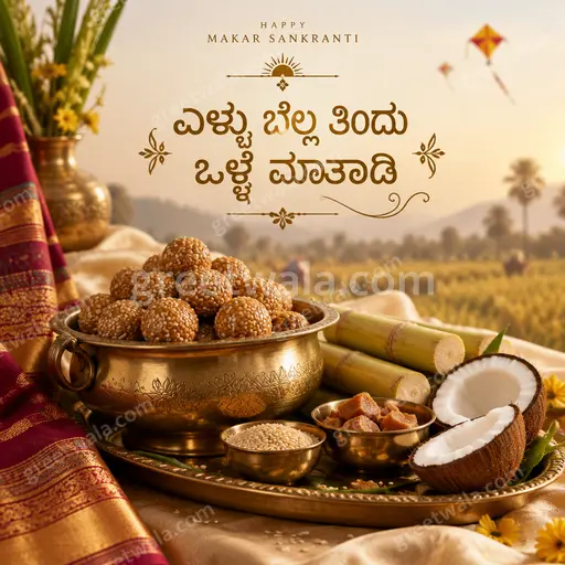 Premium Kannada showcase card with soaring kites, golden harvest glow, festive warmth and elegant traditional charm.