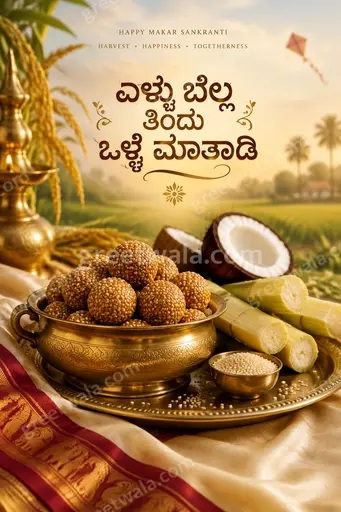 Premium festive Makar Sankranti showcase card with sunrise, kites, harvest motifs and Kannada text ಎಳ್ಳು ಬೆಲ್ಲ ತಿಂದು ಒಳ್ಳೆ ಮಾತಾಡಿ.