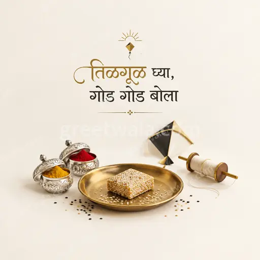 Elegant minimal Makar Sankranti card with soft golden hues, flying kites, and heartfelt Marathi greeting in refined typography.