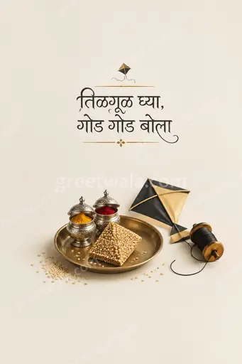 Elegant minimal Makar Sankranti card displaying 'तिळगूळ घ्या, गोड गोड बोला' amid golden kites and serene festive warmth.