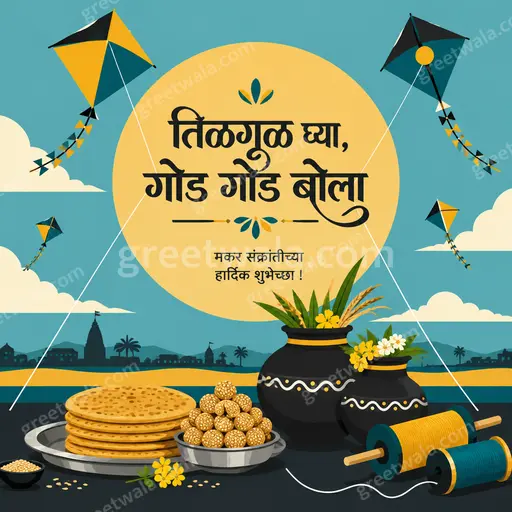 Cheerful modern flat vector Makar Sankranti card with kites, sun, tilgul sweets and Marathi festive greeting.
