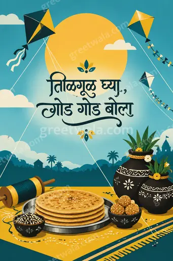 Cheerful modern flat vector Makar Sankranti card with soaring kites, tilgul sweets, and warm Marathi festive greeting.