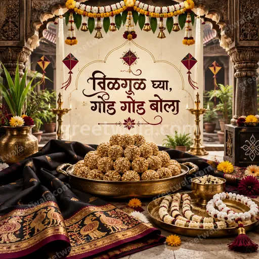 Ornate traditional Makar Sankranti card with golden kites, tilgul sweets, marigolds, warm festive glow displaying तिळगूळ घ्या, गोड गोड बोला.